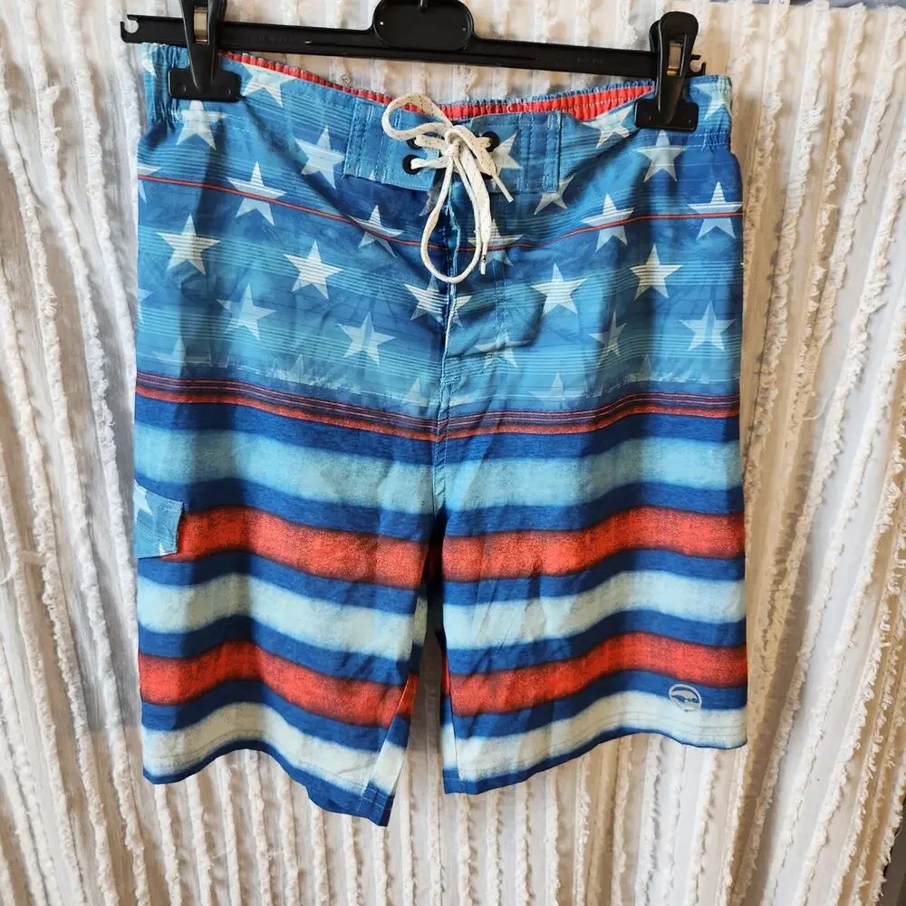 Ocean Current Blue & Red Star Stripe Men's Swim Board Shorts